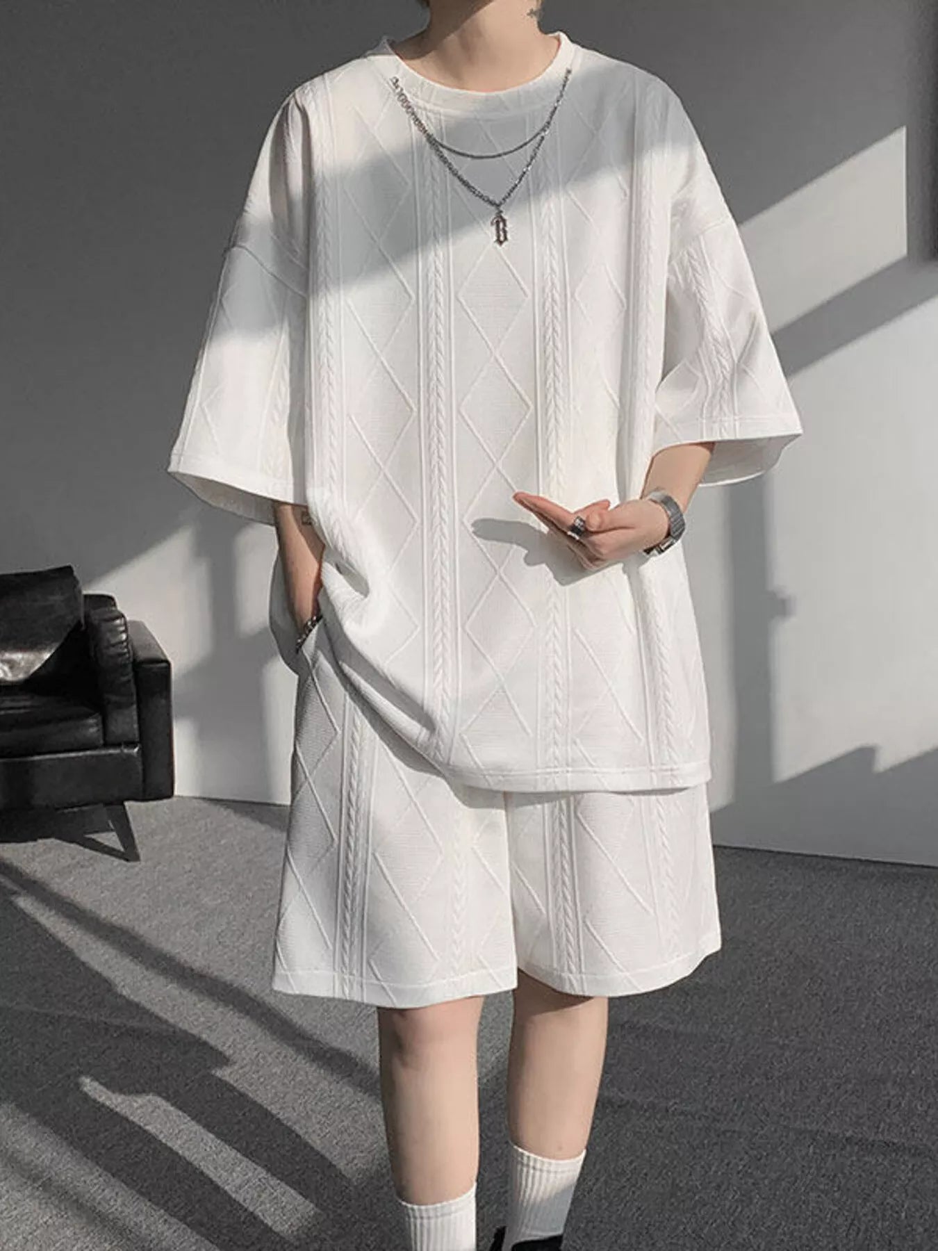 Plus Size Textured Relaxed Fit Top and Shorts Set in Apricot for Men