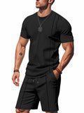 Round Neck Short Sleeve Top and Shorts Set Plus Size in Black for Men