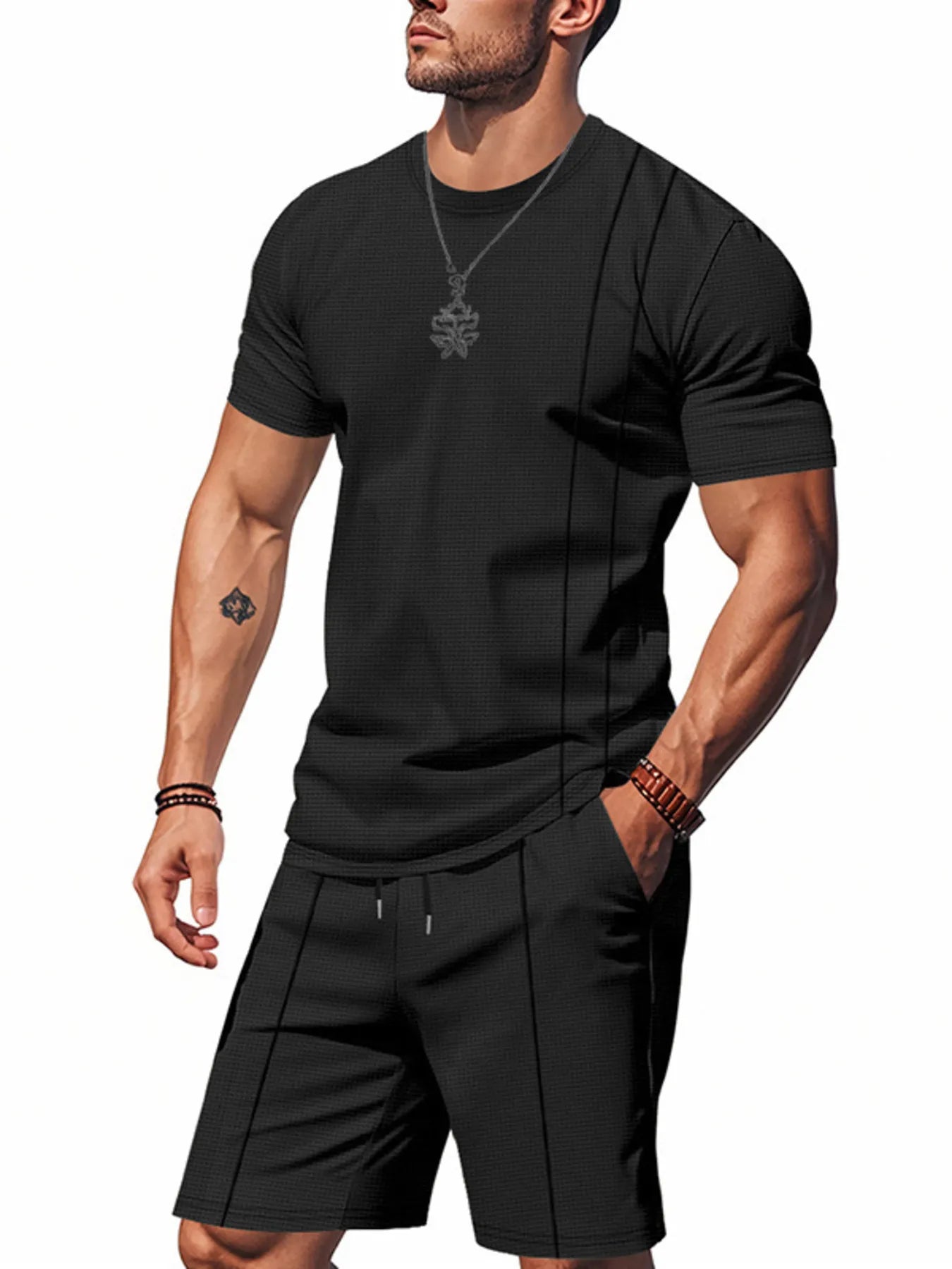 Round Neck Short Sleeve Top and Shorts Set Plus Size in Black for Men