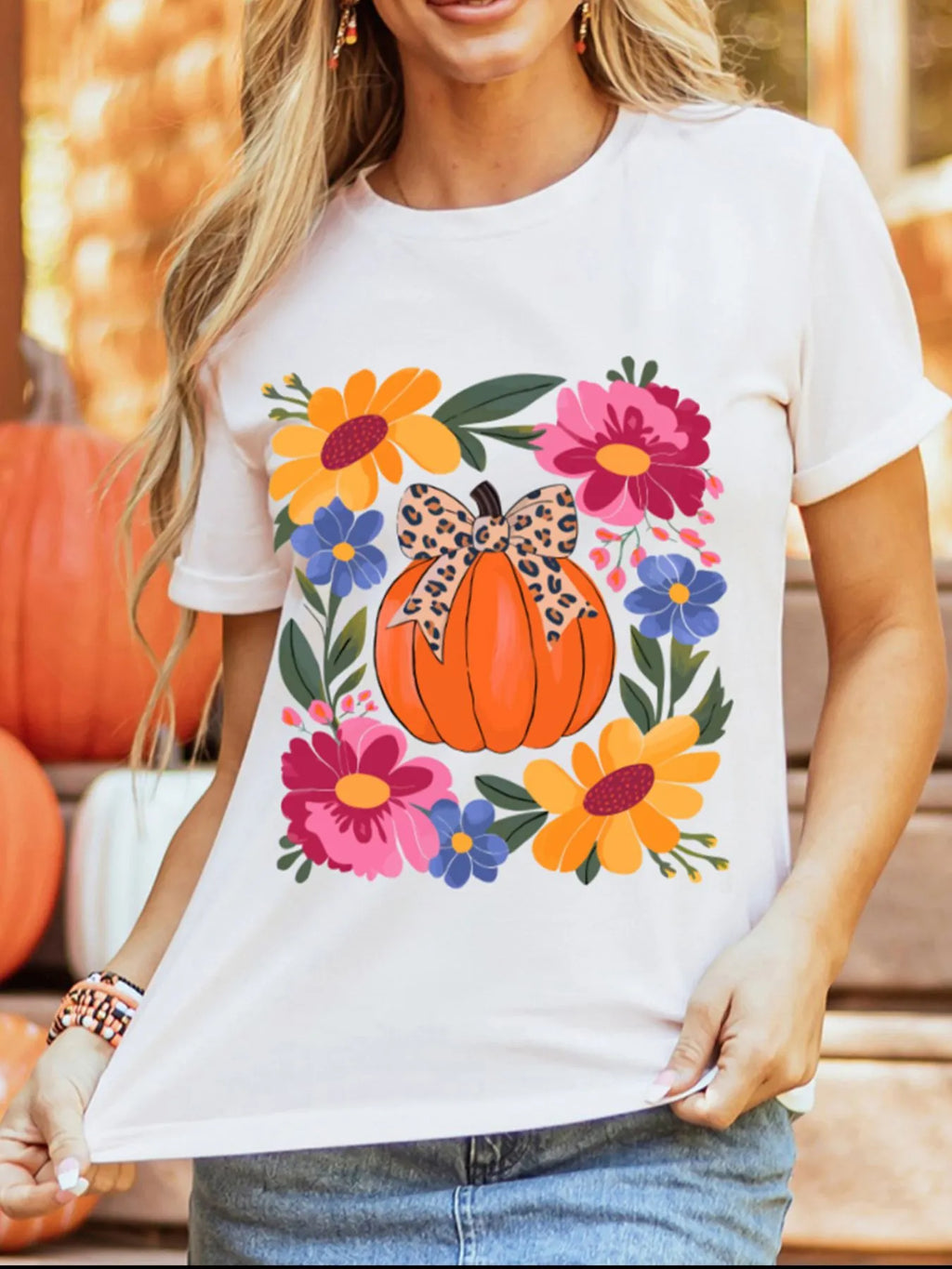 Pumpkin Floral Graphic Round Neck T-Shirt for Women