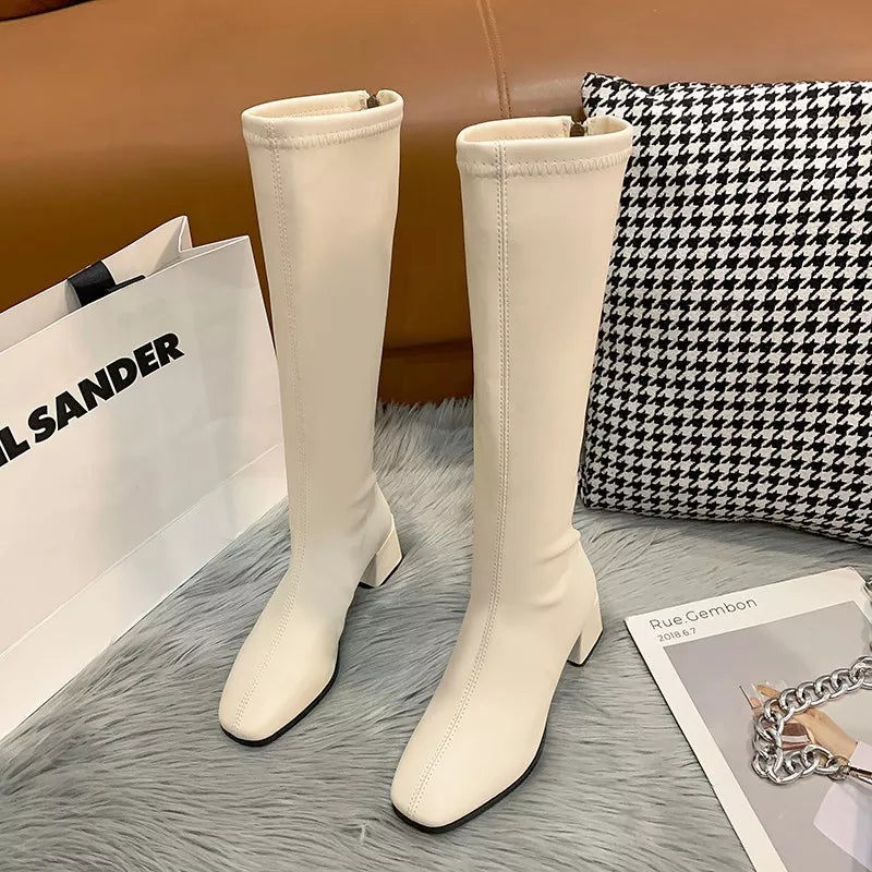 Square Toe Block Heels Boots in White for Women