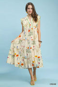 Floral Ruffle Tiered Midi Dress with Scalloped Detail in Cream for Women