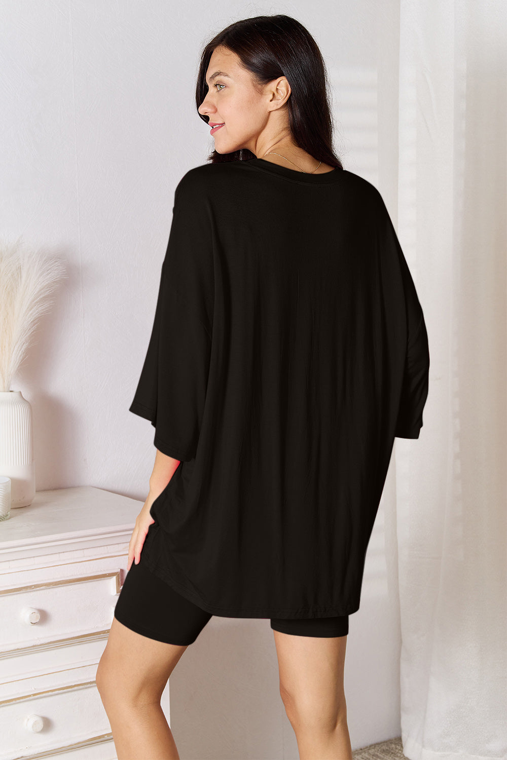Plus Size Soft Rayon Three-Quarter Sleeve Top and Shorts Set in Chocolate for Women