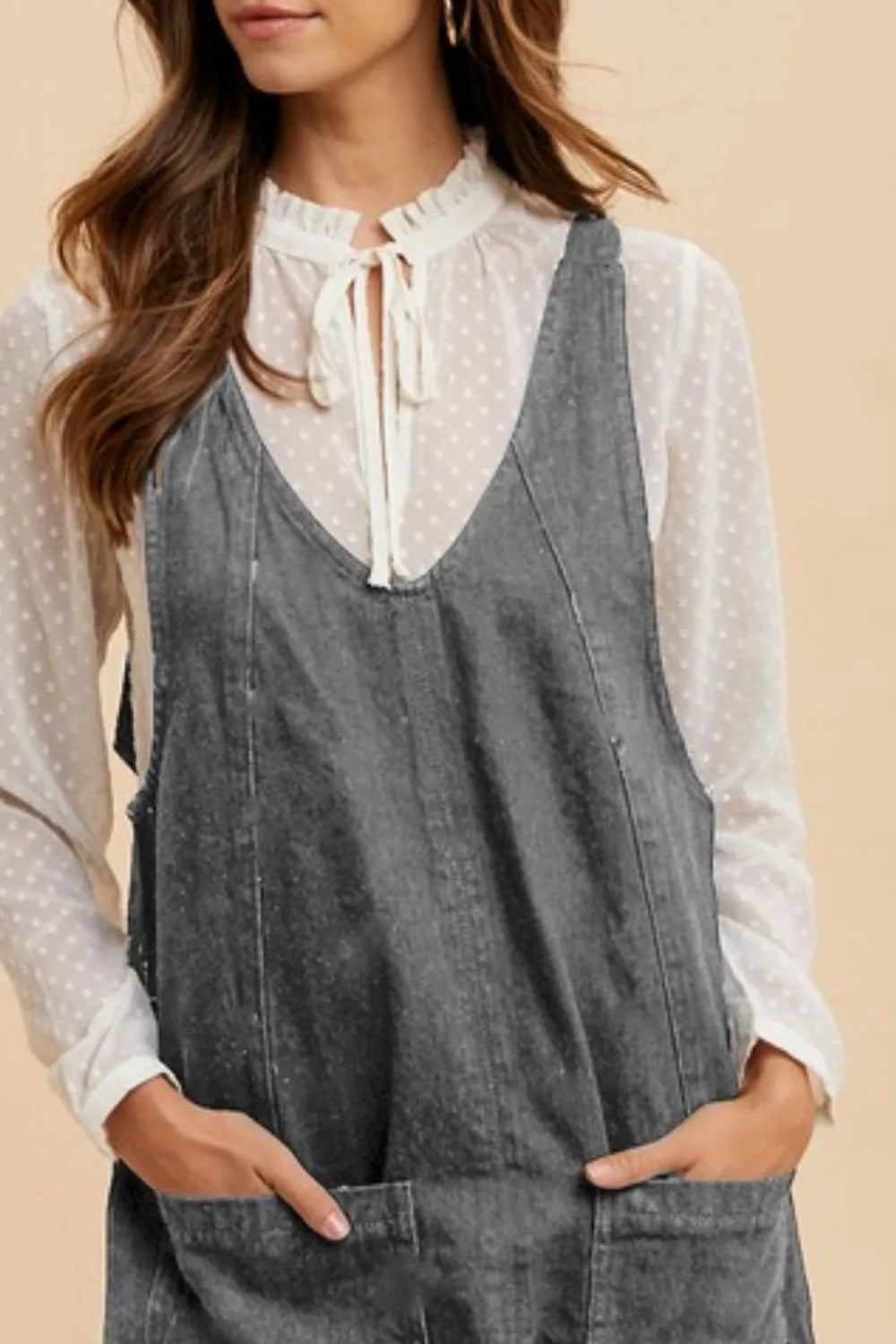 V-Neck Adjustable Strap Denim Overall Dress with Pockets in Charcoal for Women