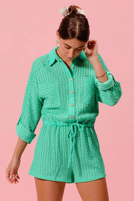 Textured Knit Button Front Romper in Mint for Women