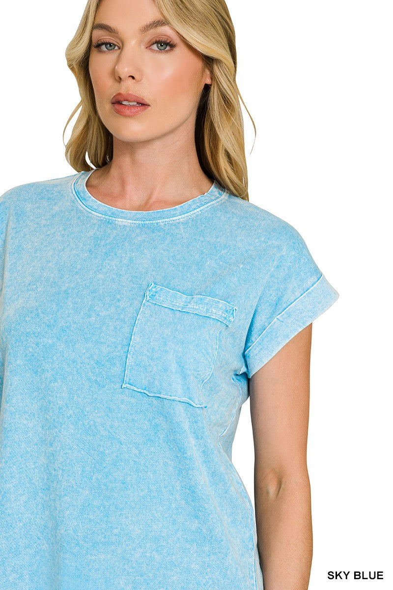 Halo Snow Washed Cuffed Short Sleeve Tee in Sky Blue for Women