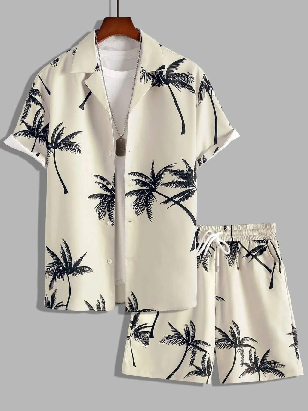 Palm Print Button Up Shirt and Shorts Set Plus Size in Black for Men
