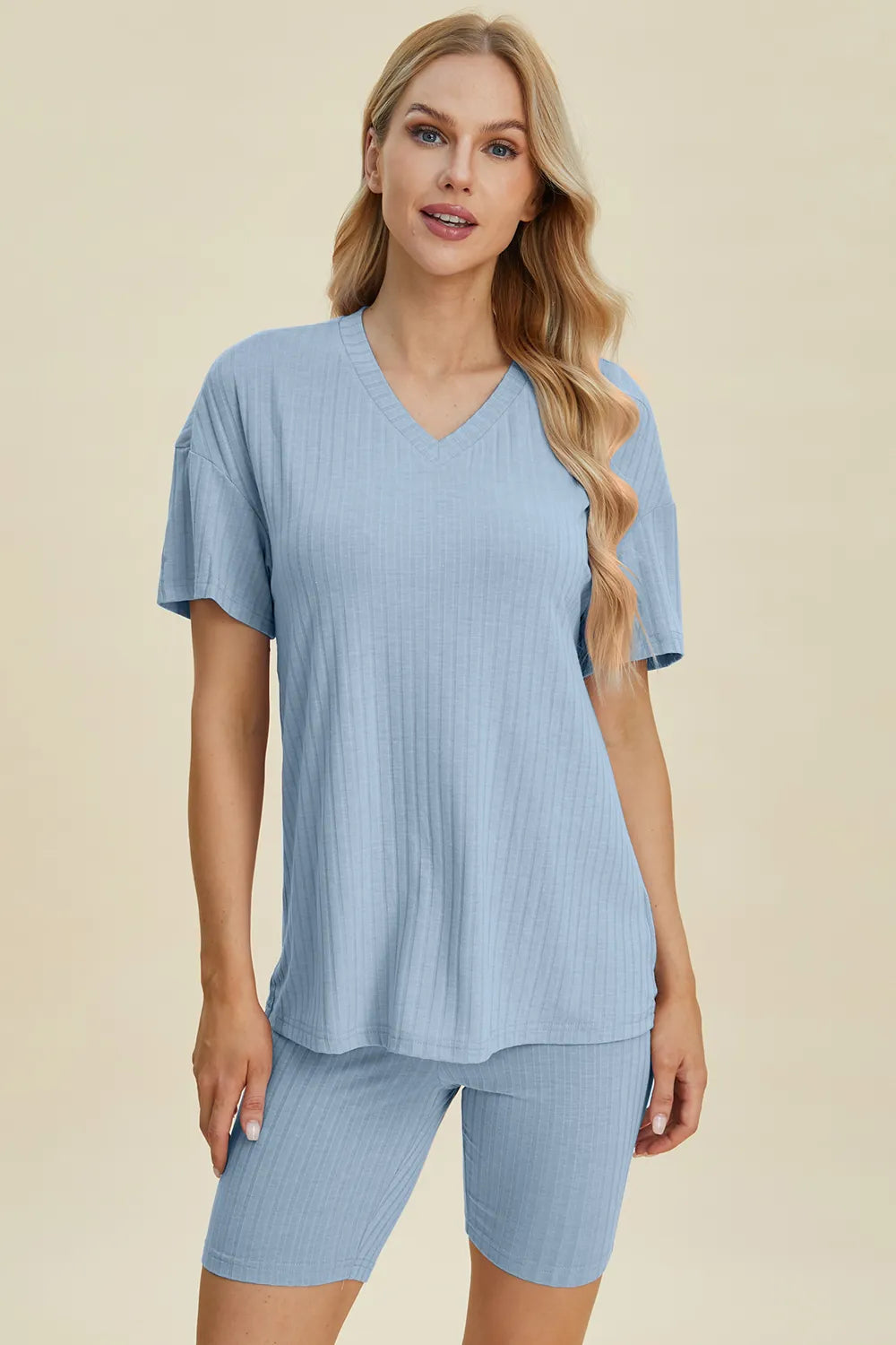 Plus Size Ribbed V-Neck Short Sleeve Top and Shorts Set in Chartreuse for Women