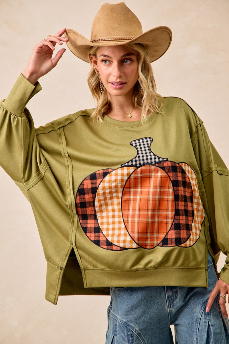 Plaid Mix Pumpkin Patchwork Cut Edge Detail Oversized French Terry Sweatshirt in Olive for Women