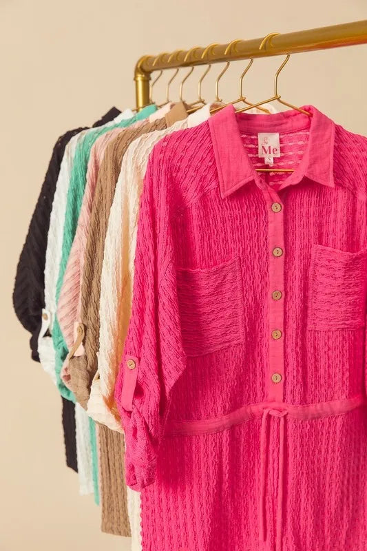 Textured Knit Button Front Romper in Fuchsia for Women