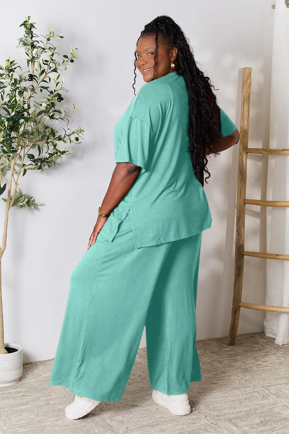 Plus Size Round Neck Slit Top and Pants Set in Teal for Women