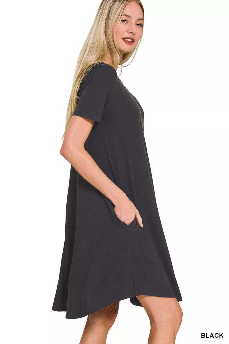 Short Sleeve Round Hem a-Line Dress with Side Pockets in Black for Women