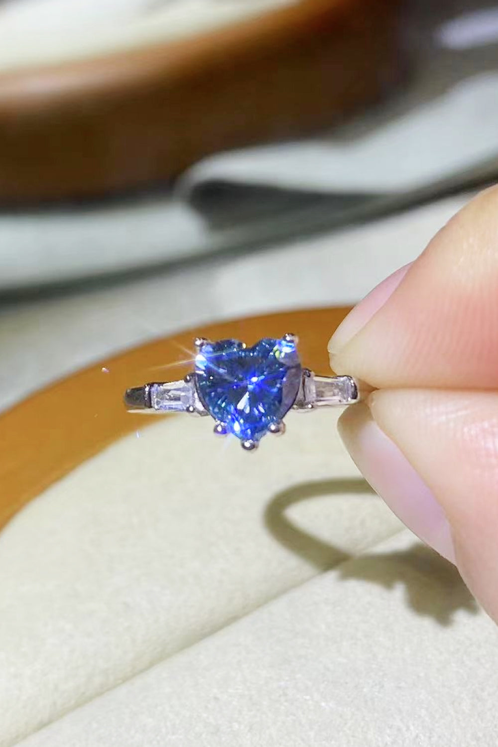 1 Carat Moissanite Heart-Shaped Platinum-Plated Ring in Blue for Women