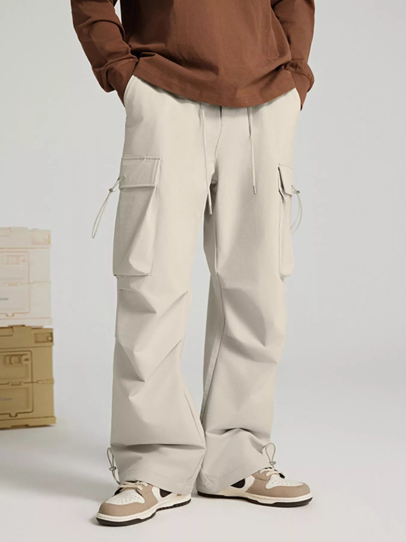Wide Leg Pants with Cargo Pockets in Creamy-White for Men