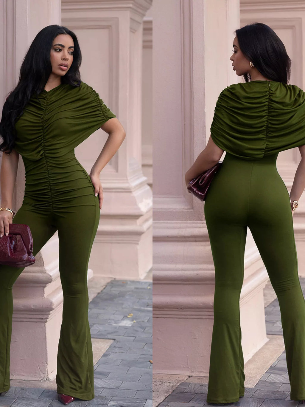Ruched Flare Leg Jumpsuit in Black Forest for Women