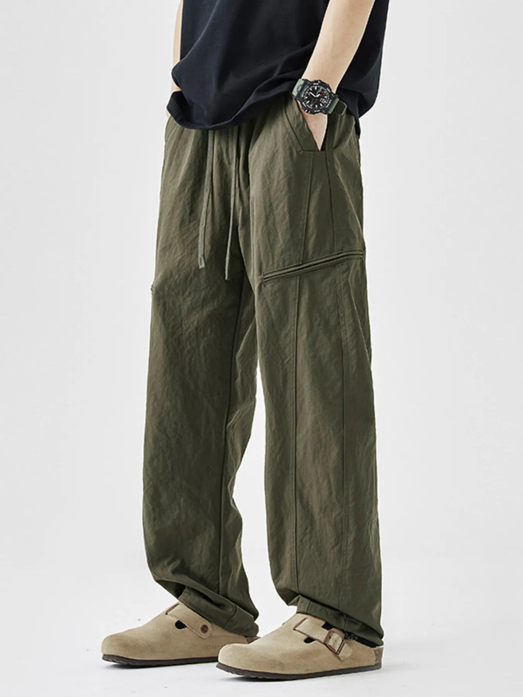 Plus Size Loose Fit Drawstring Casual Pants in Black for Men