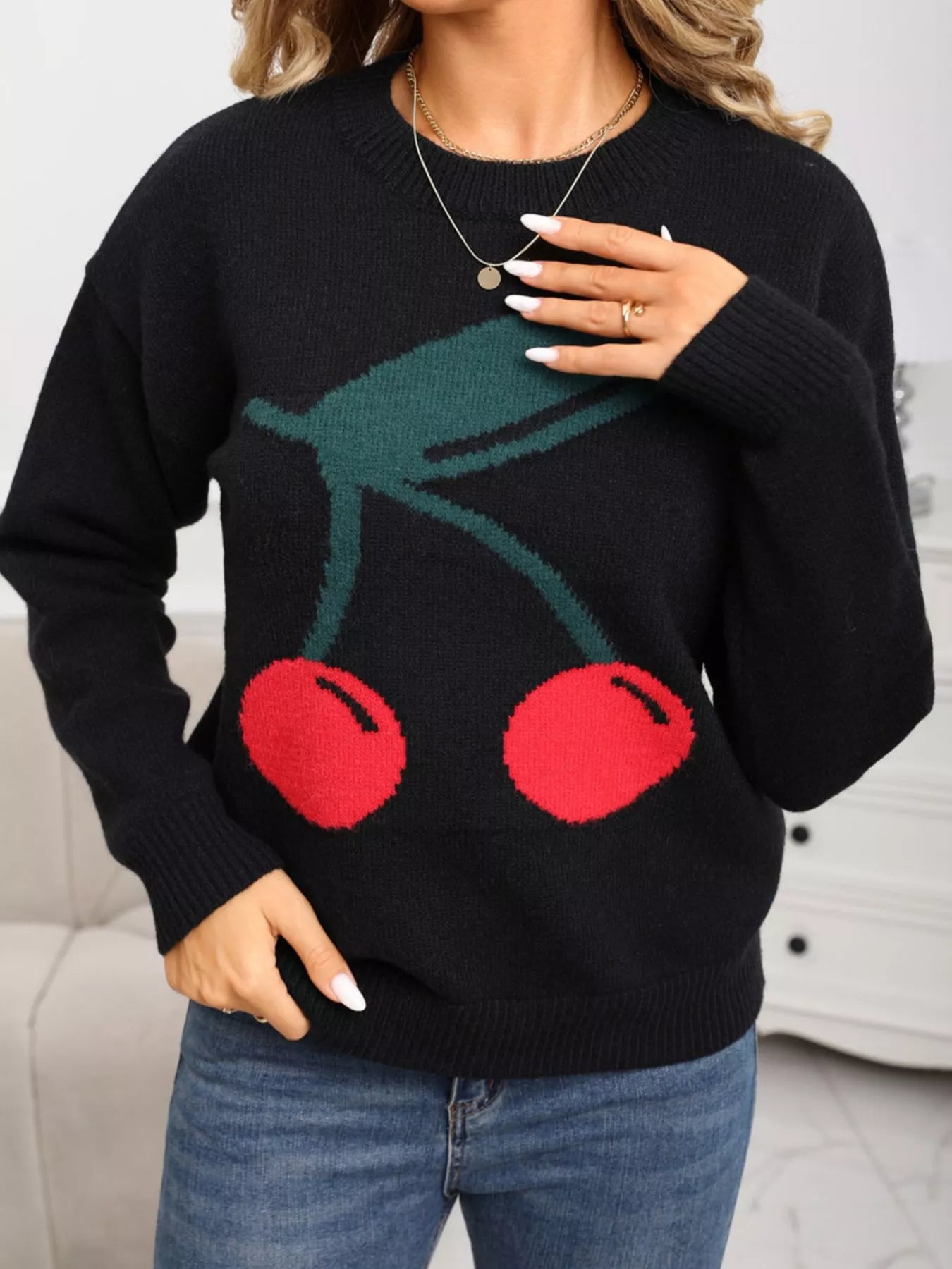 Cherry Round Neck Sweater in Black for Women