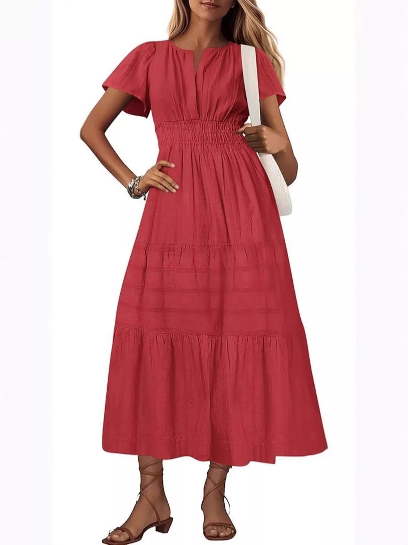 Plus Size Short Sleeve Tiered Midi Dress in White for Women