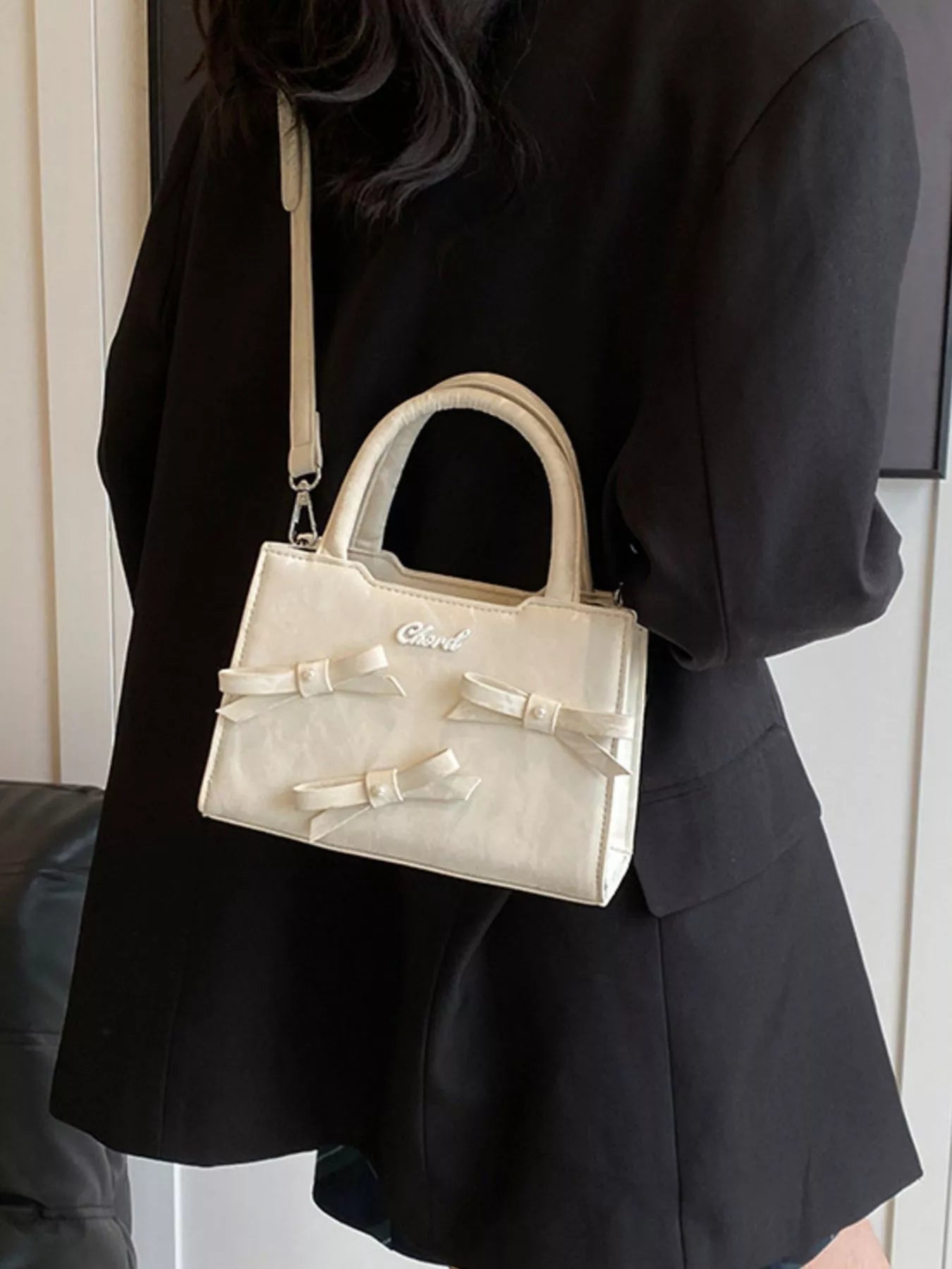 Bow Decor Crossbody Bag in White for Women