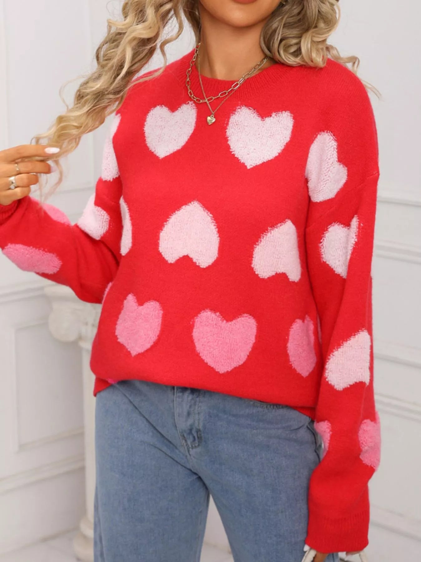 Valentines Day Heart Pattern Fuzzy Knit Sweater for Women