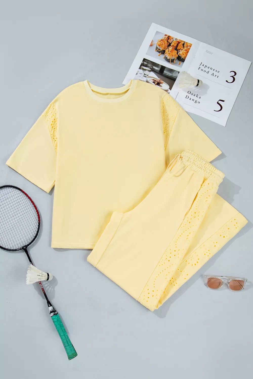 Half Sleeve Top and Drawstring Pants Set in Pastel Yellow for Women