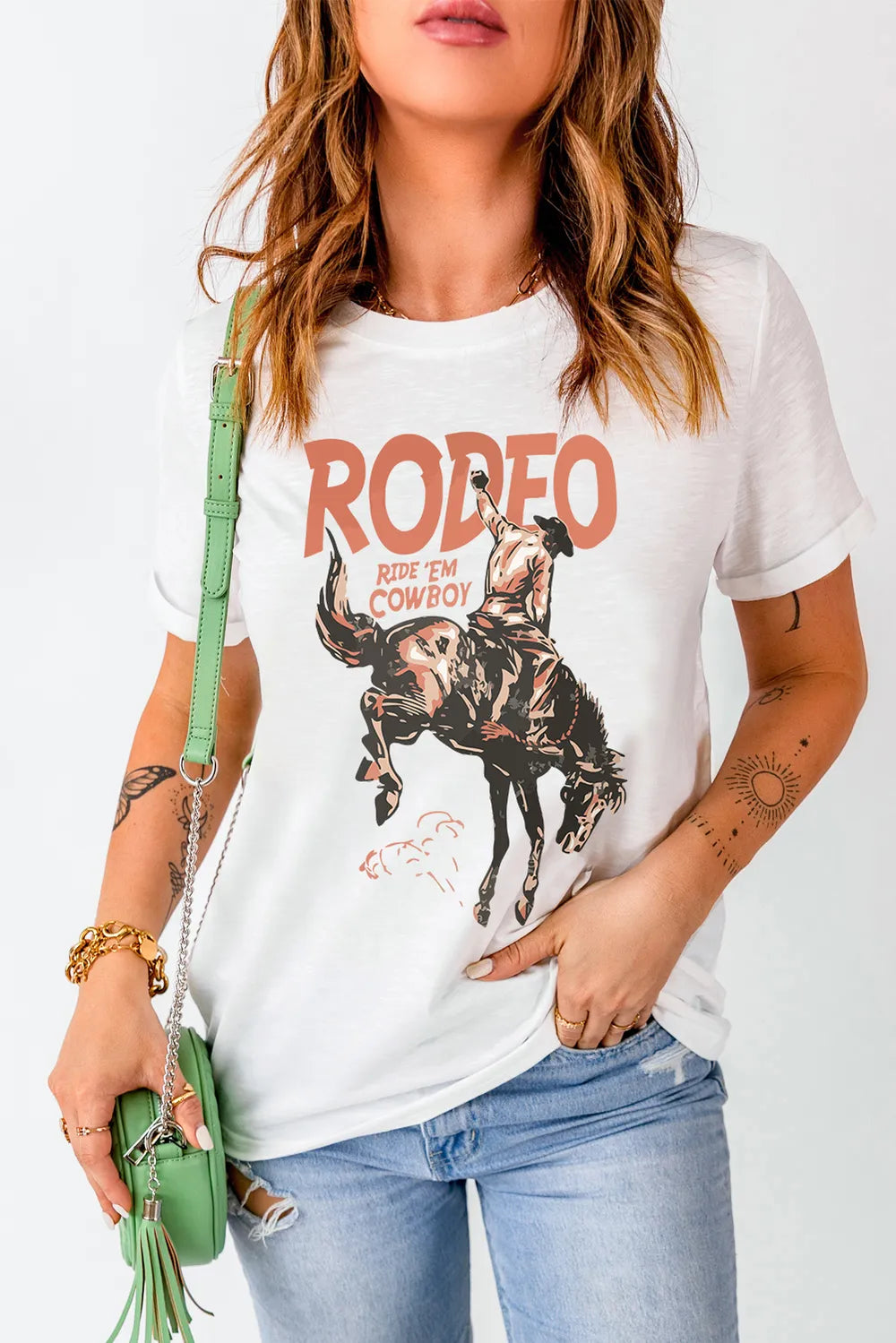 Cowboy Graphic Round Neck Short Sleeve T-Shirt in White for Women