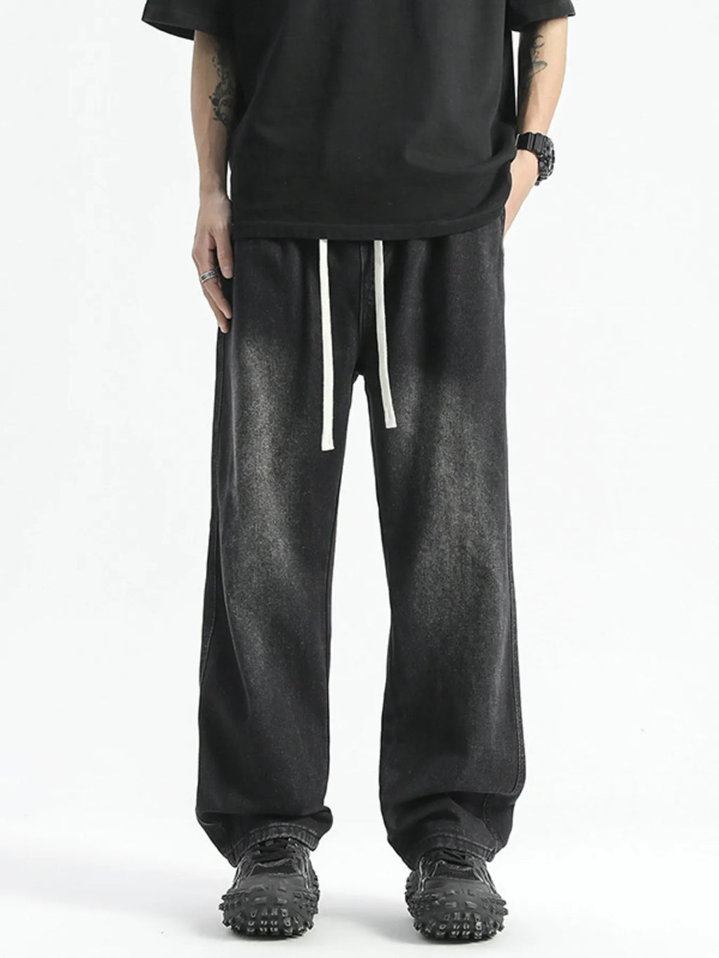 Washed Wide Leg Drawstring Jeans Plus Size in Polished Gray for Men