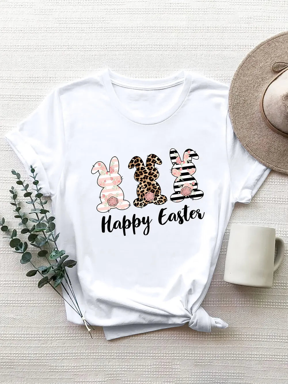 Happy Easter Round Neck Short Sleeve T-Shirt in Blush Pink in Aqua for Women