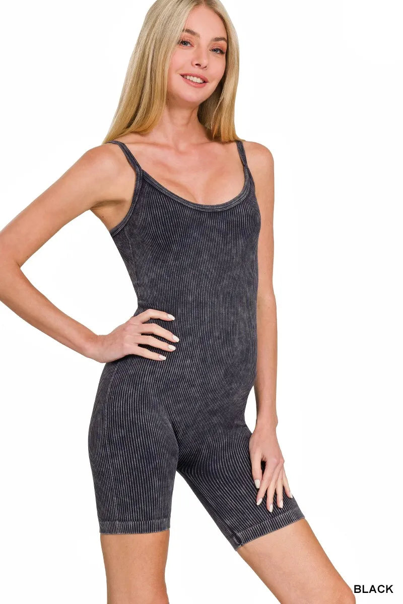 Stone Washed Ribbed Seamless Romper in Black for Women