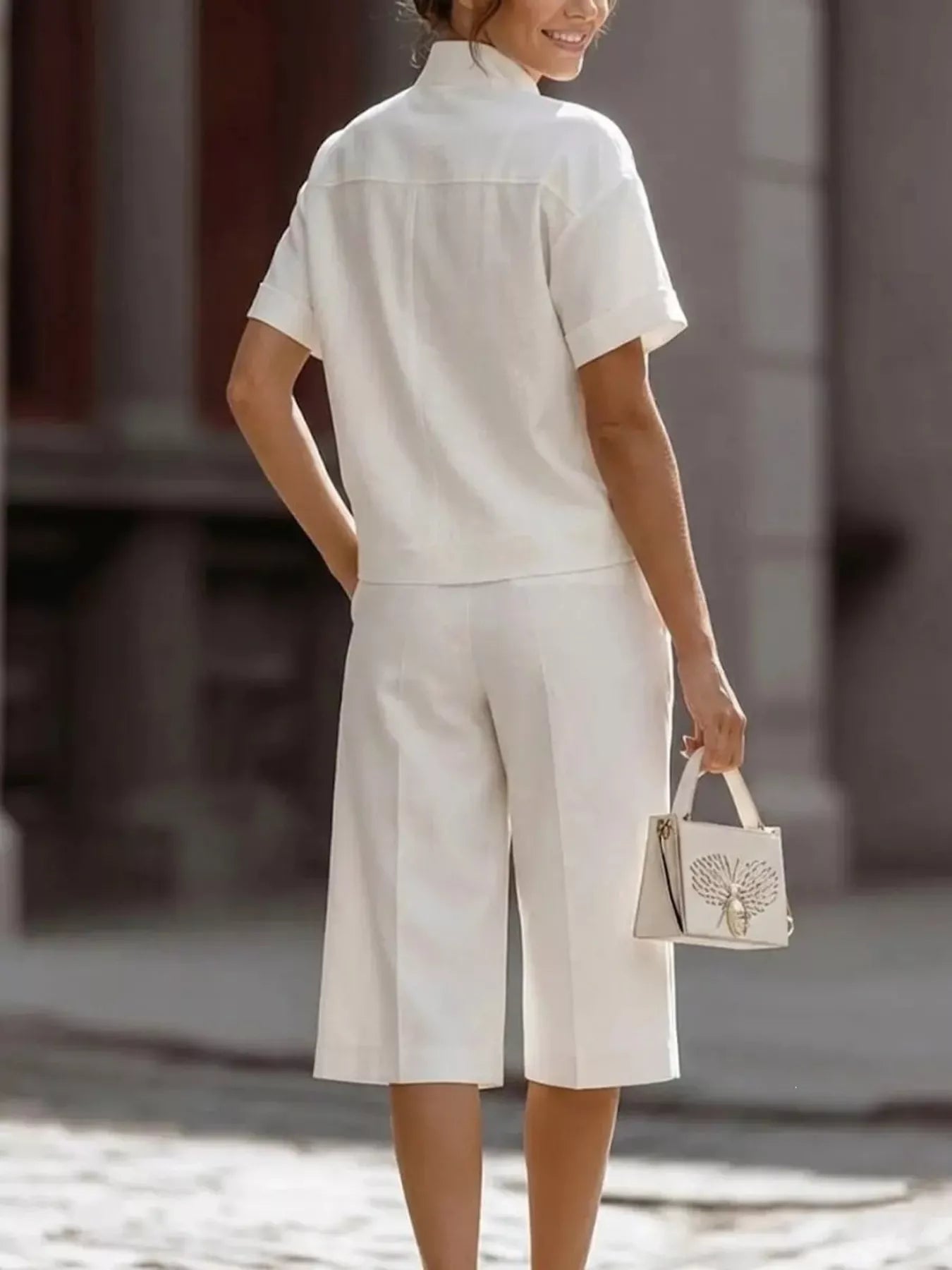 Plus Size Short Sleeve Top and Shorts Set in White for Women