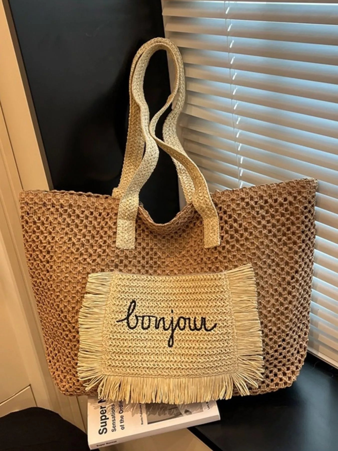 Fringe Straw Shoulder Bag in Khaki Color for Women