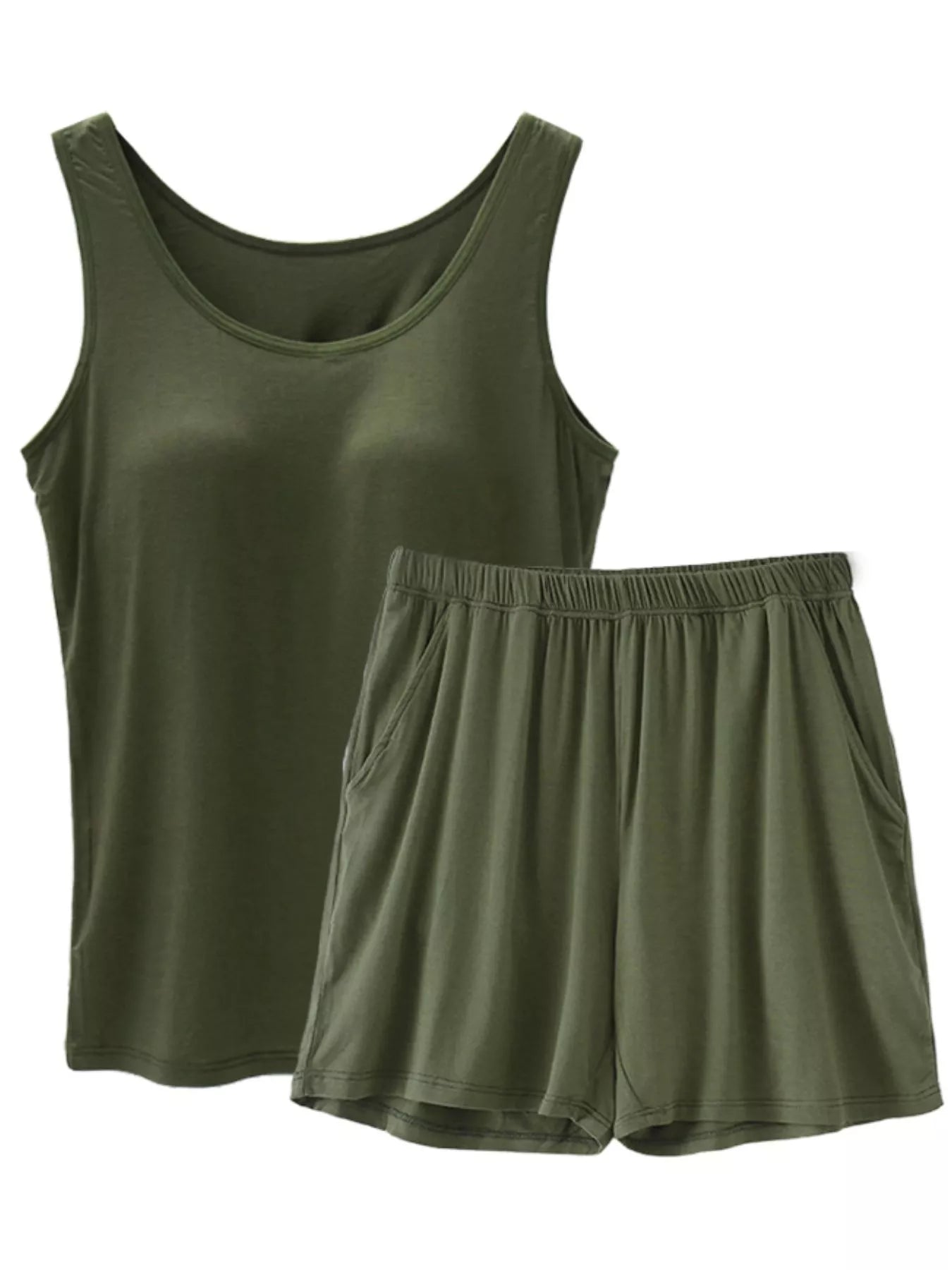 Plus Size Modal Padded Sleeveless Tank Top & Shorts Set in Milky White + Black for Women
