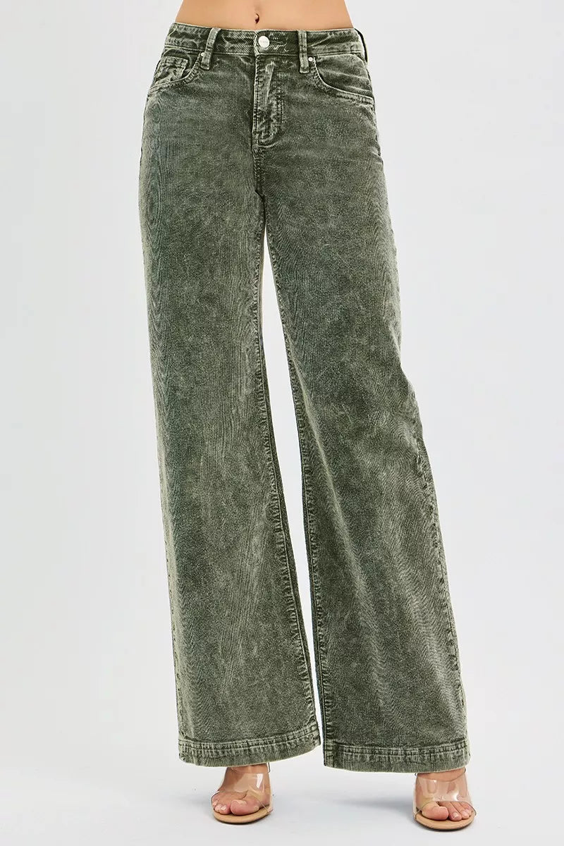 High Rise Wide Leg Corduroy Jeans Plus Size in Forest for Women