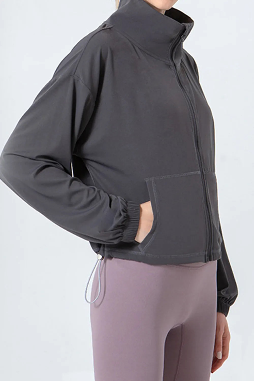 Drawstring Zip Up Dropped Shoulder Active Outerwear in Light Blue for Women