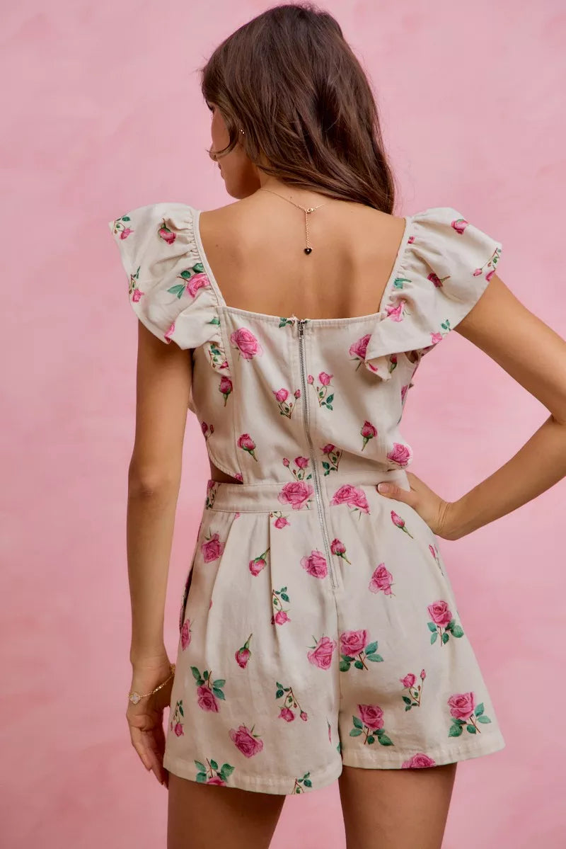 Floral Print Denim Cut Out Waist Ruffled Romper in Ivory Pink for Women