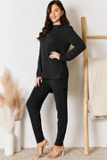 Plus Size Ribbed Round Neck High-Low Slit Top and Pants Set in Deep Red for Women