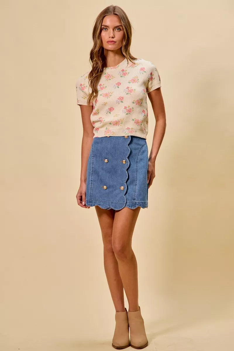 Denim Scalloped Buttoned Front Skirt for Women
