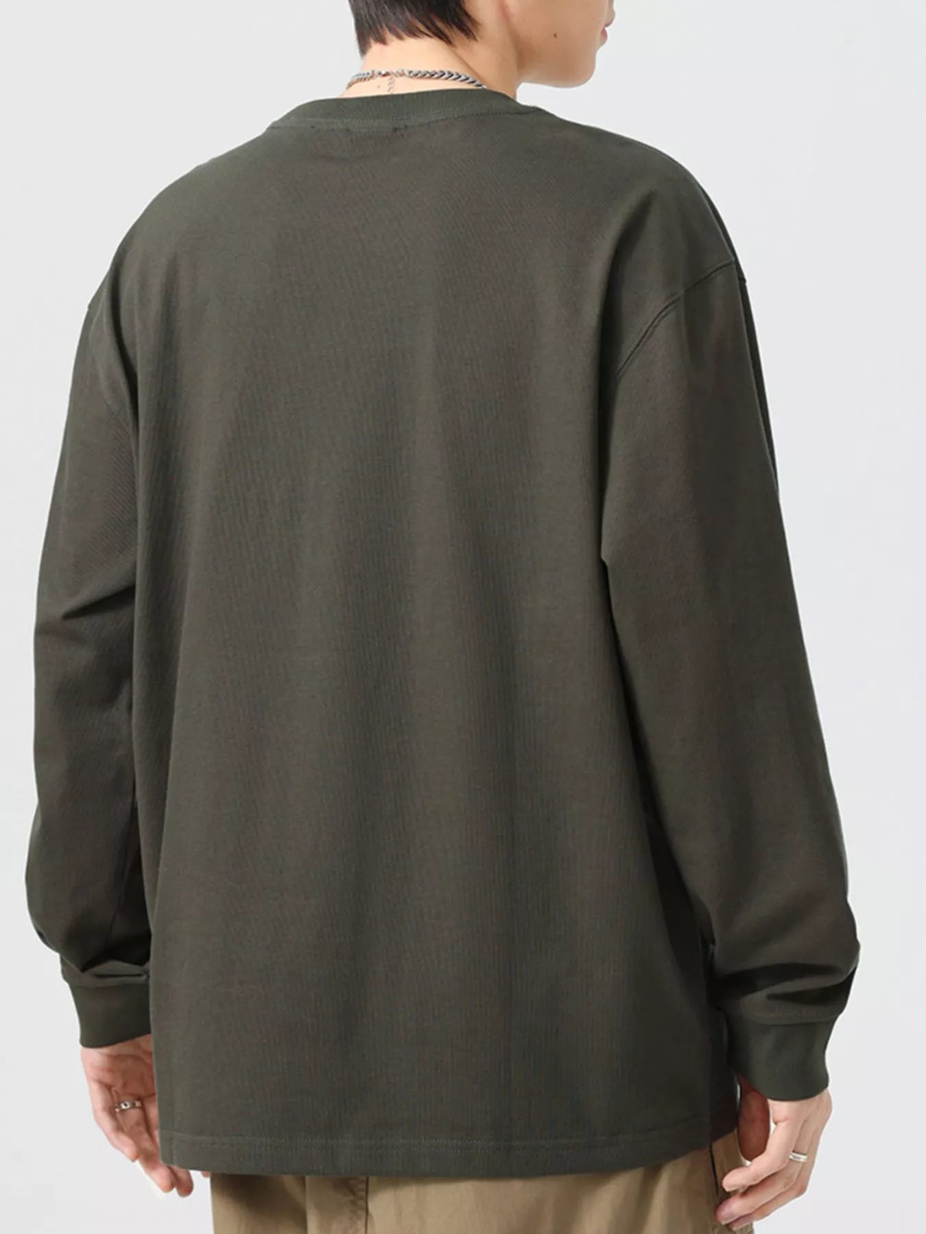 Plus Size Round Neck Long Sleeve T-Shirt in Military Green for Men
