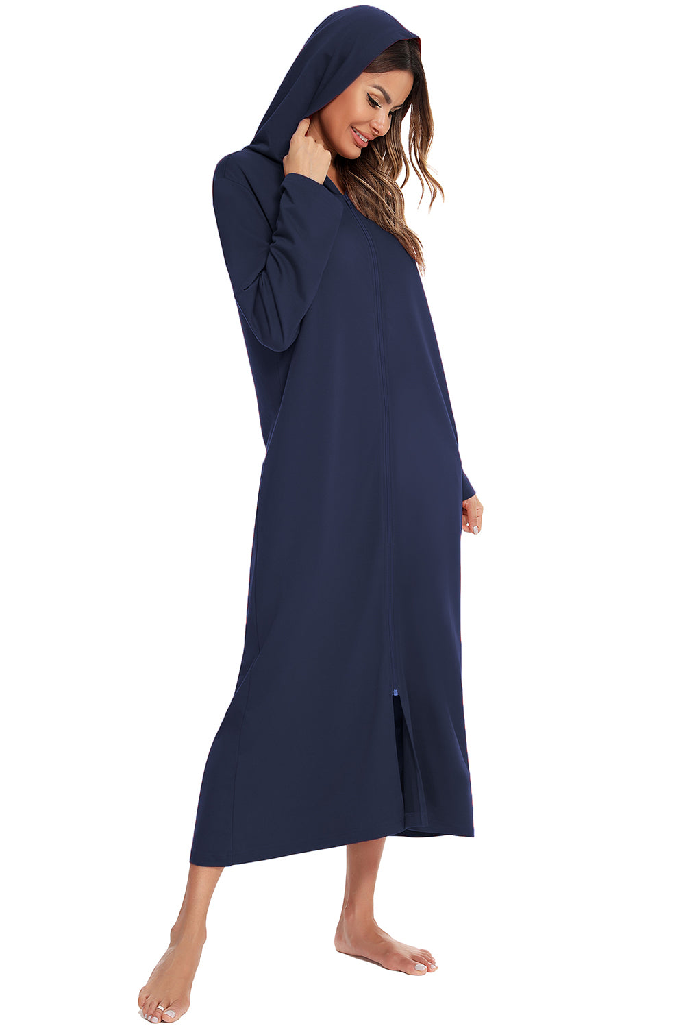 Zip Front Hooded Night Dress with Pockets in Light Gray in Charcoal for Women