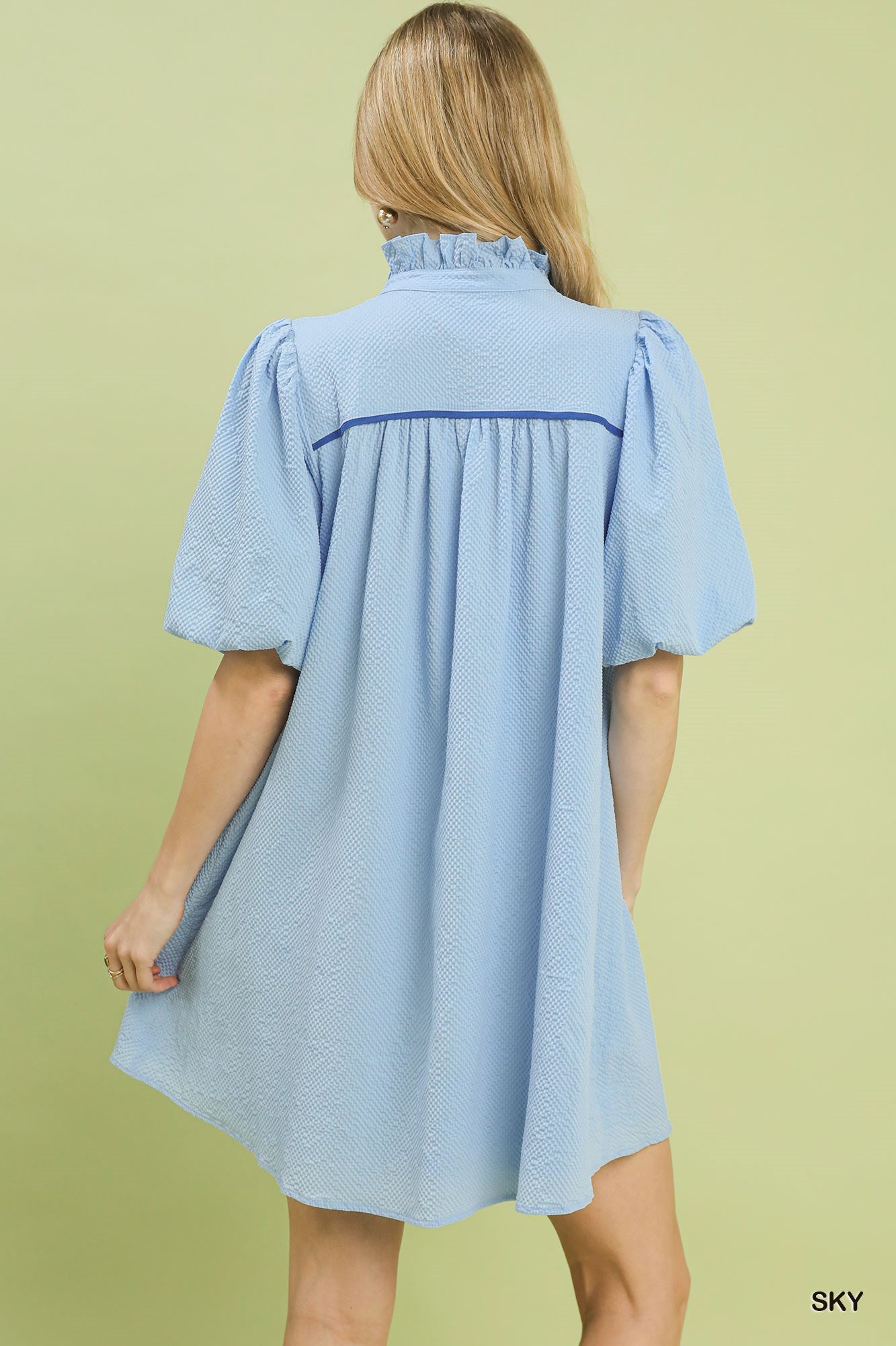Seersucker Puff Sleeve Dress in Sky for Women