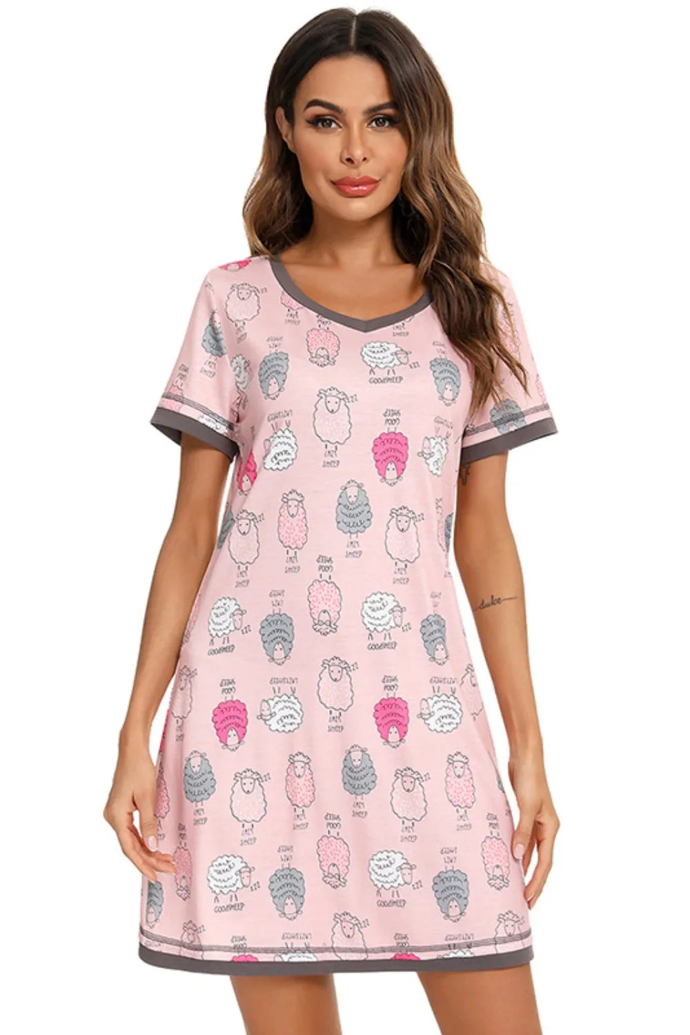 Contrast Trim Short Sleeve Lounge Dress in Gray for Women