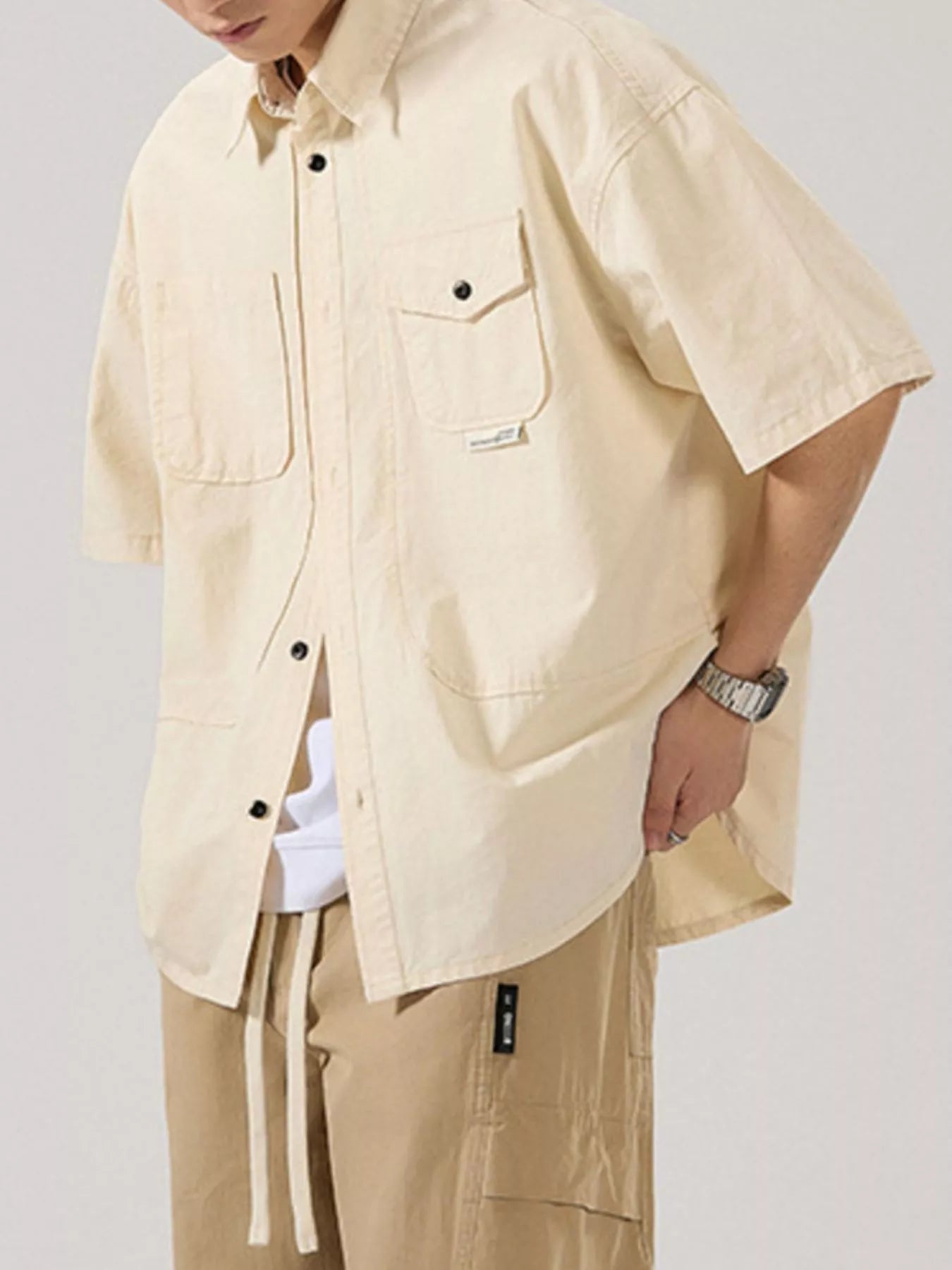 Button Up Half Sleeve Shirt Plus Size in Light Apricot in Army Green for Men