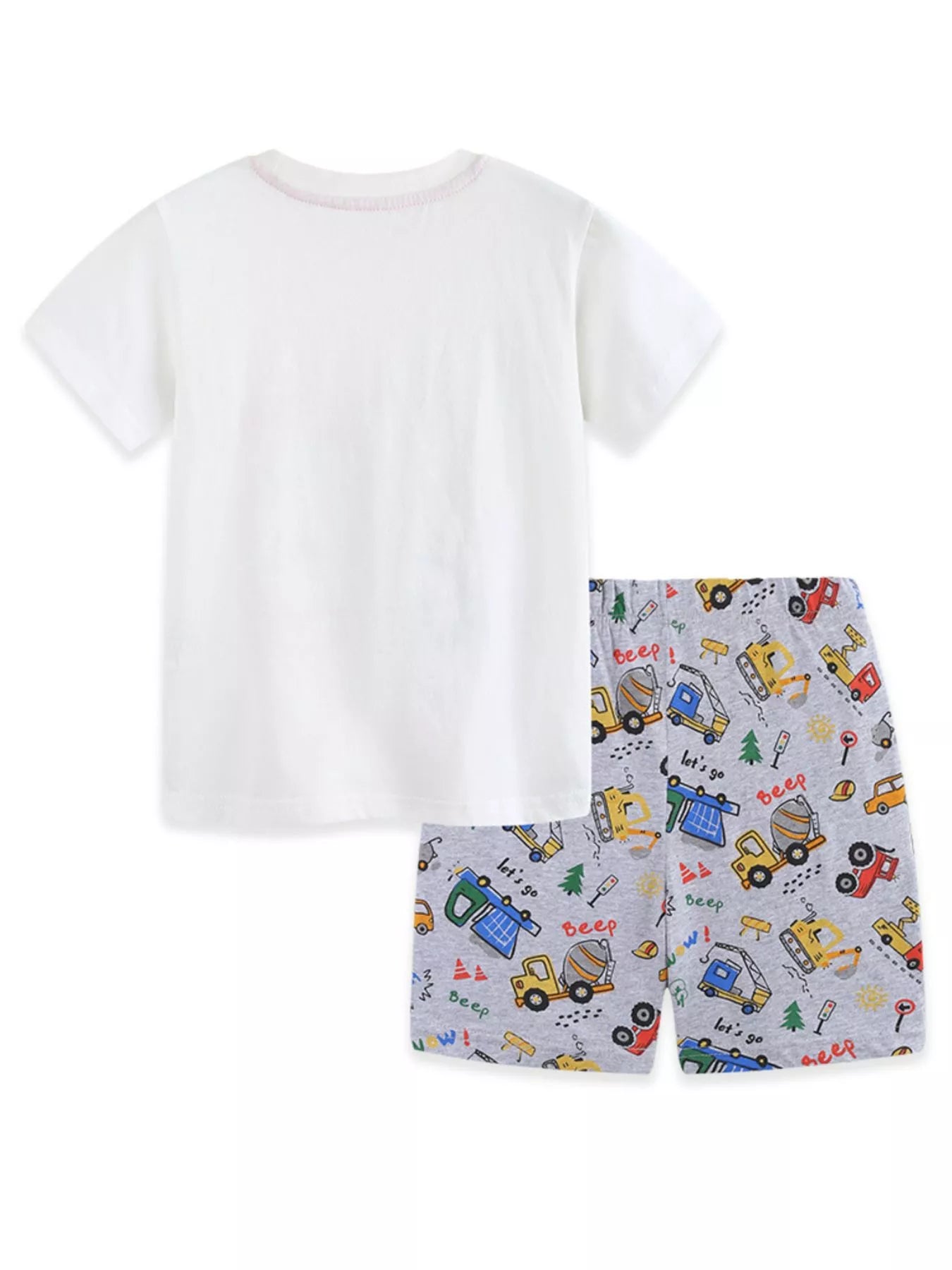 Cartoon Car Print Short Sleeve Tee and Shorts Set in White for Boys