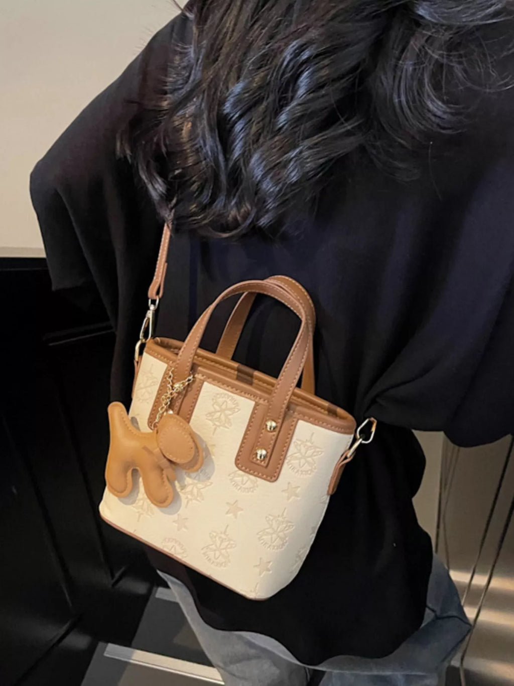 Embossed Pattern Dog Charm Crossbody Bag for Women