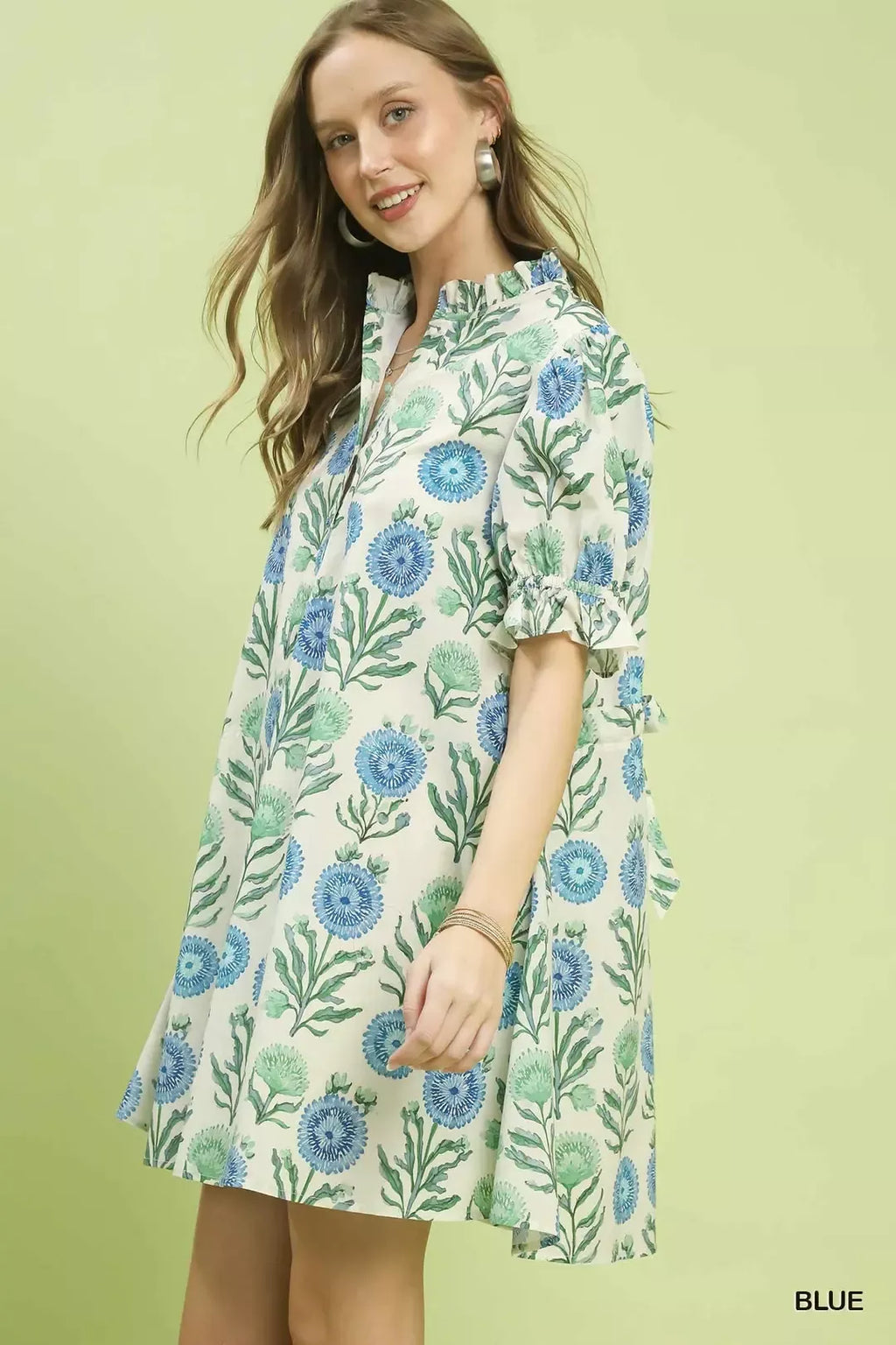 Floral Puff Sleeve Babydoll Dress with Side Pockets in Blue for Women