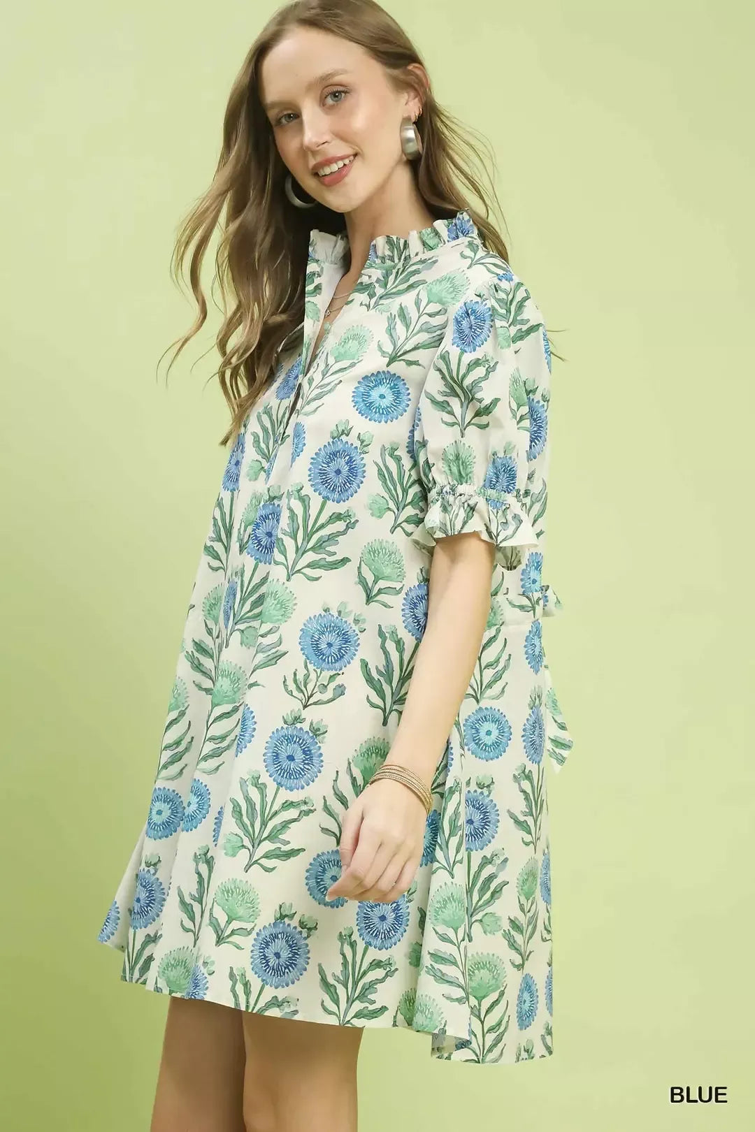 Floral Puff Sleeve Babydoll Dress with Side Pockets in Blue for Women