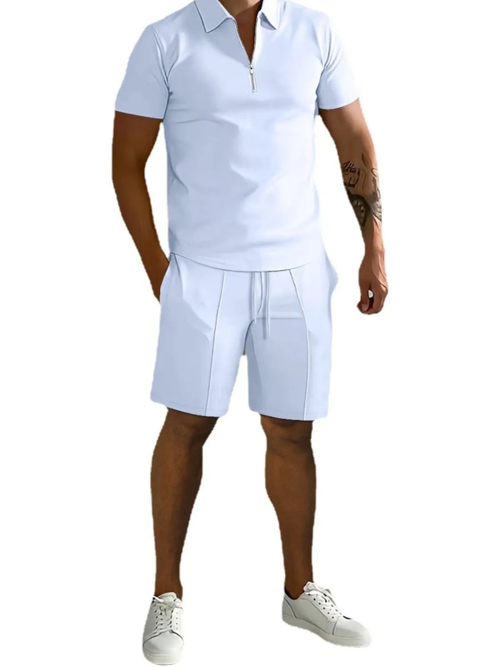Collared Neck Short Sleeve Top and Shorts Set Plus Size in Gray in Black for Men