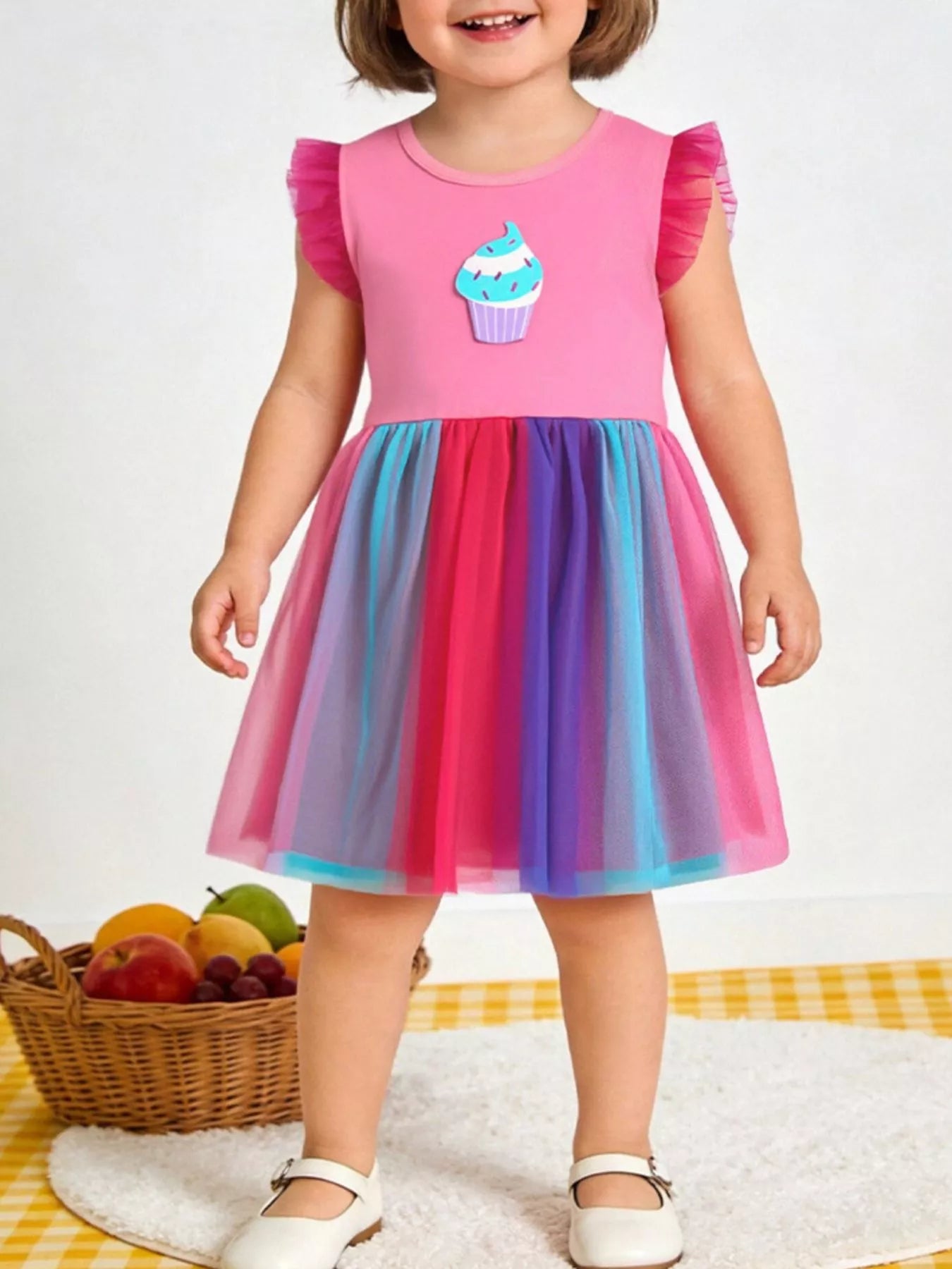 Cupcake Graphic Rainbow Tulle Dress in Fuchsia Pink for Girls