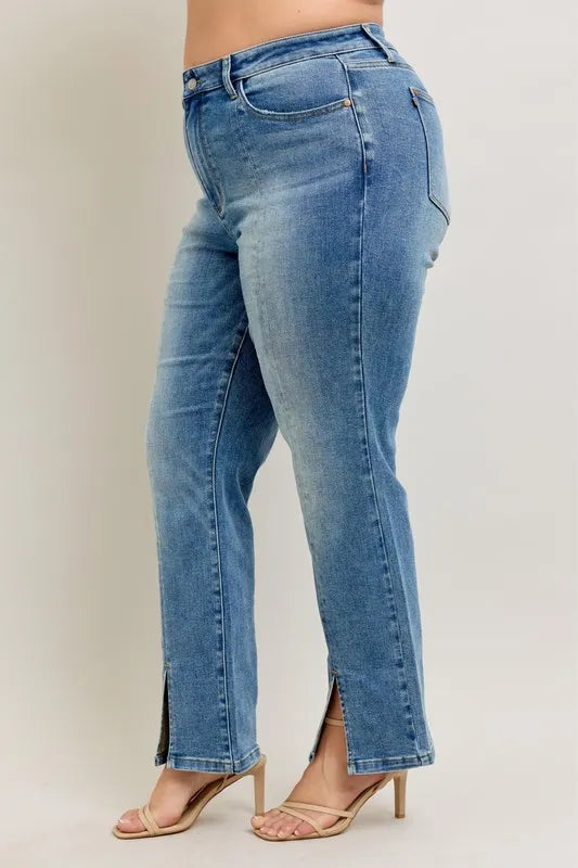 High Waist Vintage Wash Front Seam & Slit Straight Plus Size in Md for Women