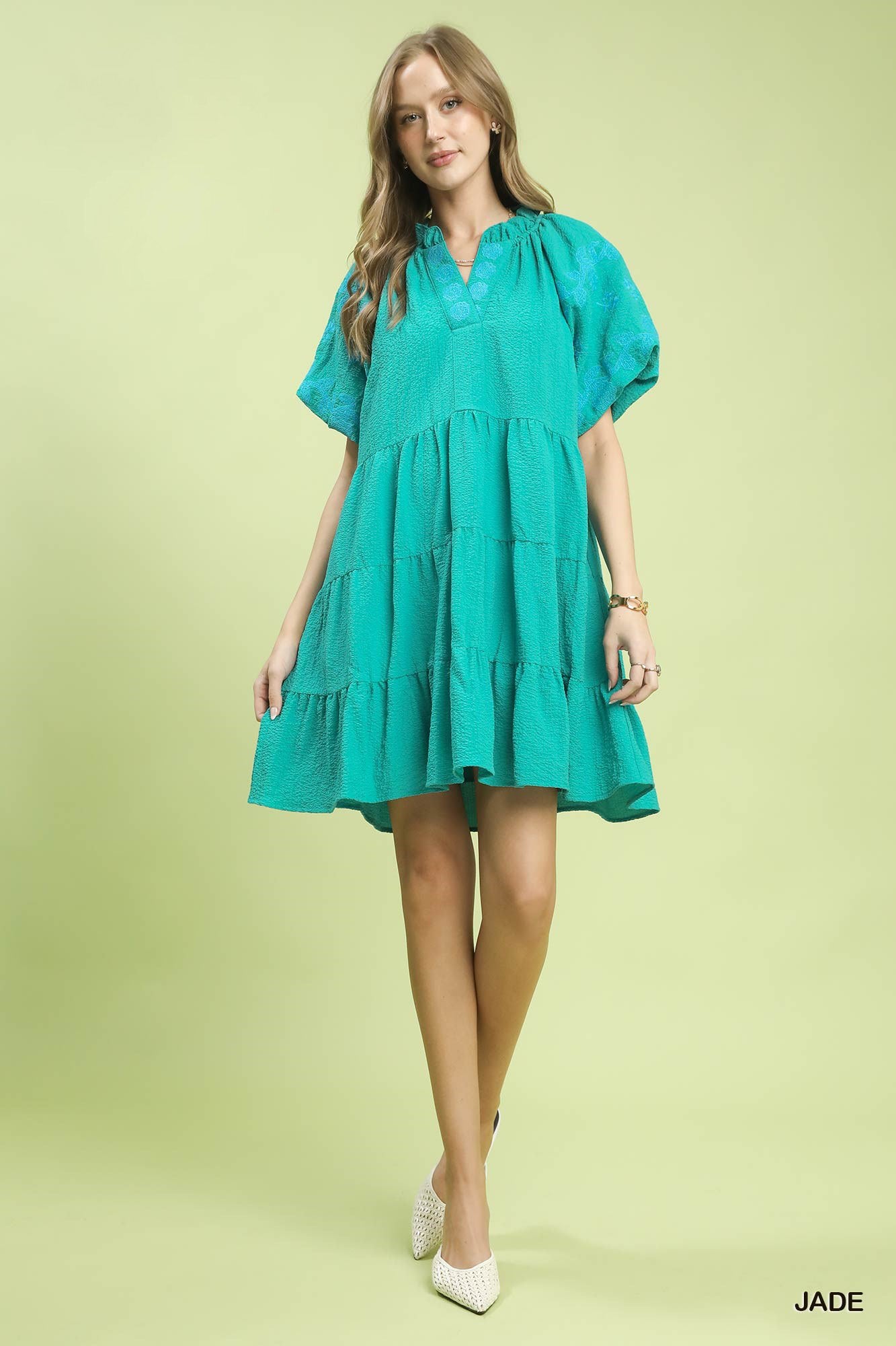 Embroidered Tiered Puff Sleeve Mini Dress for Women